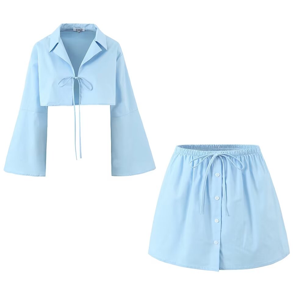 Summer Polo Collar Short Slim Fit Horn Wire Shirt Top Single Breasted Elastic Waist Skirt Sets