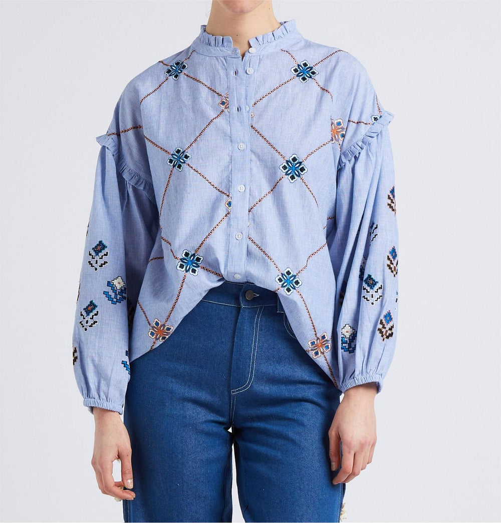 Women Clothing Spring Summer Printed Ruffled Collar Long Sleeve Shirt