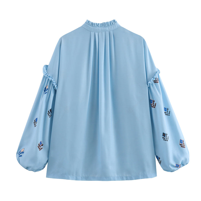 Women Clothing Spring Summer Printed Ruffled Collar Long Sleeve Shirt