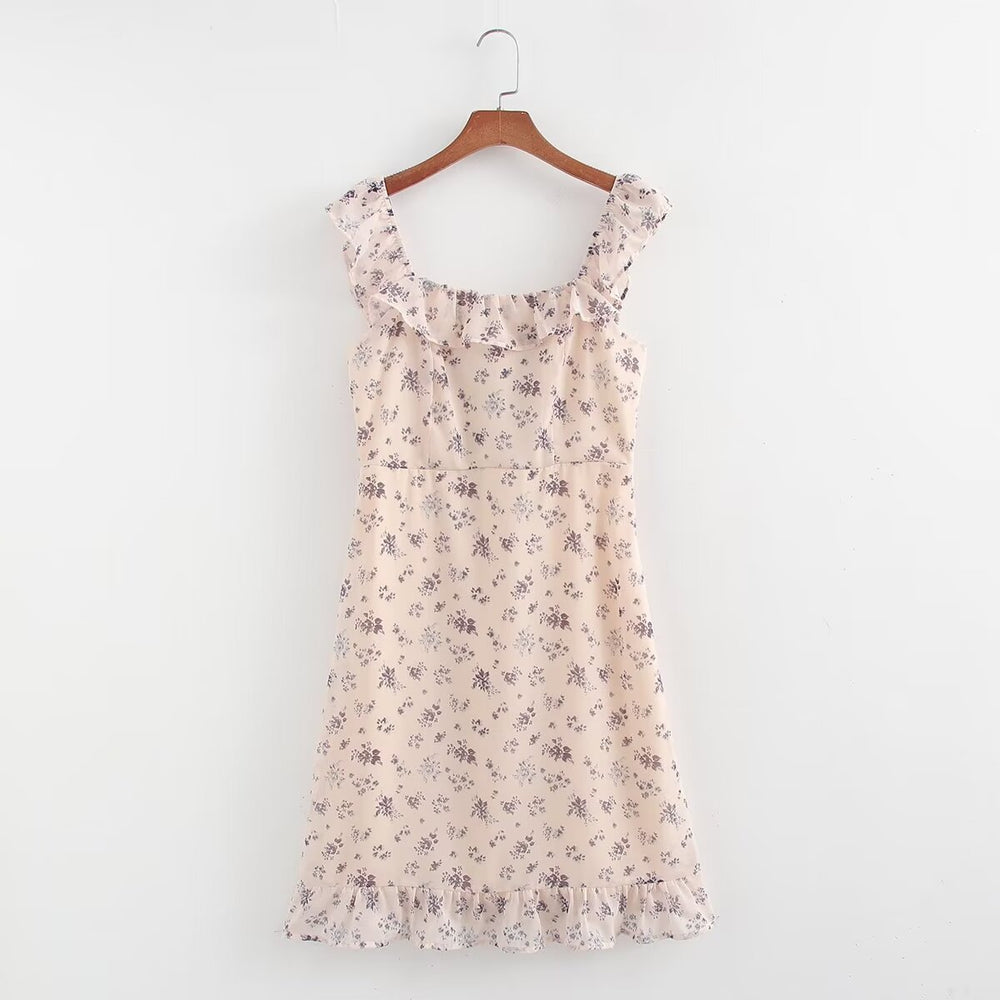 Autumn French Pastoral Girlish Fresh Lace Square Collar Floral Dress