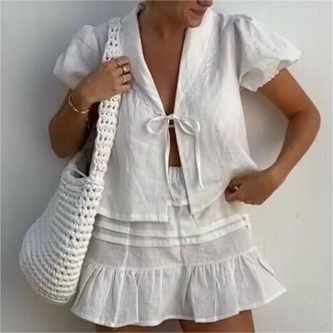 Summer Women Clothing Casual Lace Up Cutout Short Sleeve Shorts Suit