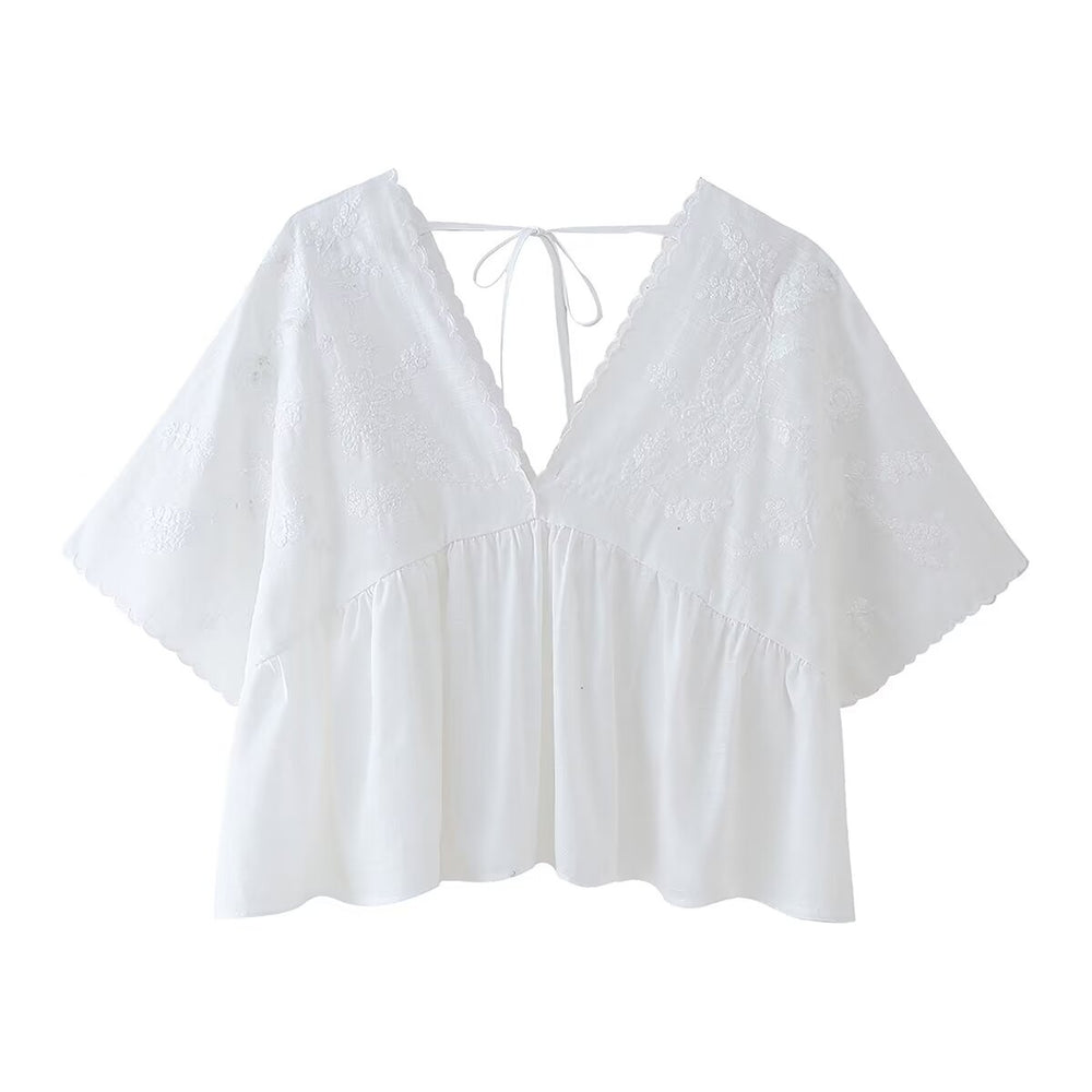 Summer Women Clothing Simple V neck Embroidery Short Top