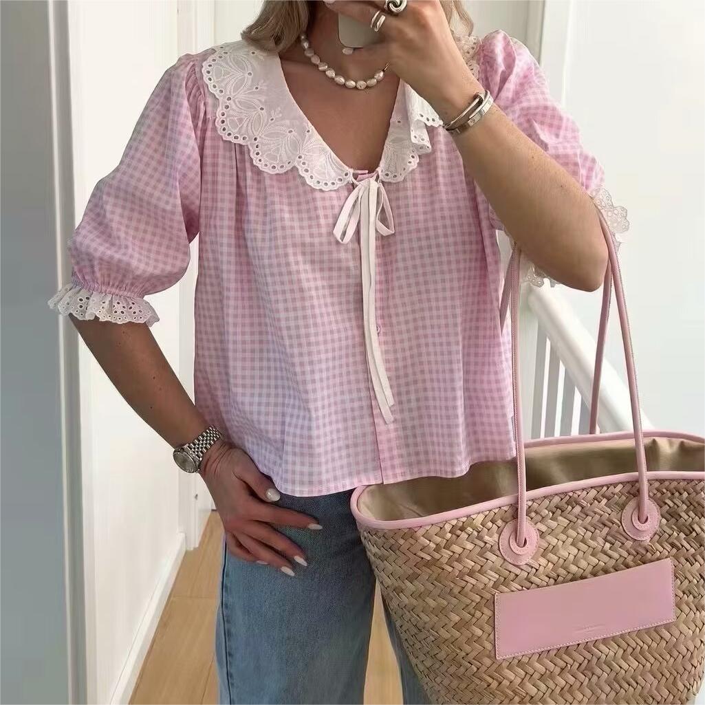 Contrast Color Doll Collar Plaid Shirt Women Summer Loose Slimming Shirt Puff Sleeve Short Sleeve Top