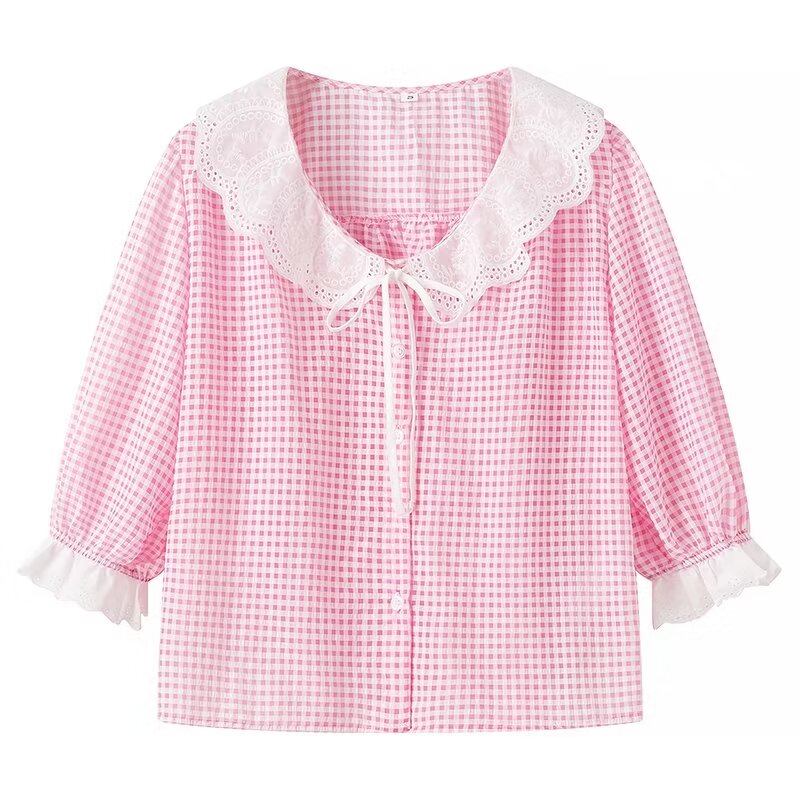 Contrast Color Doll Collar Plaid Shirt Women Summer Loose Slimming Shirt Puff Sleeve Short Sleeve Top