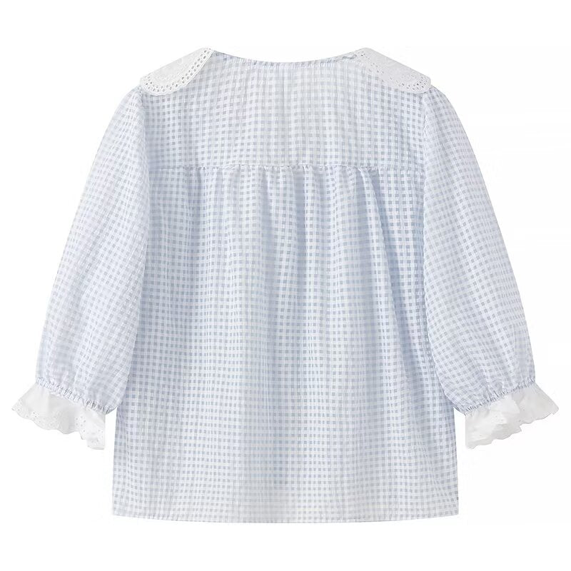 Contrast Color Doll Collar Plaid Shirt Women Summer Loose Slimming Shirt Puff Sleeve Short Sleeve Top