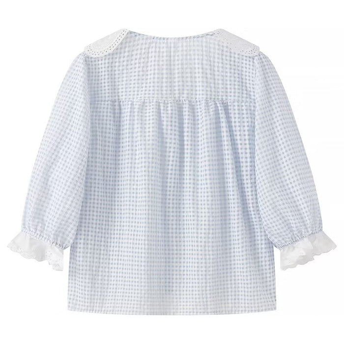 Contrast Color Doll Collar Plaid Shirt Women Summer Loose Slimming Shirt Puff Sleeve Short Sleeve Top