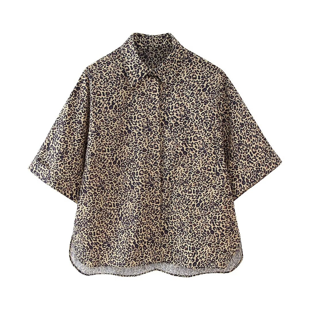 Women Clothing Summer Animal Pattern Printed Poplin Shirt Shorts Suit