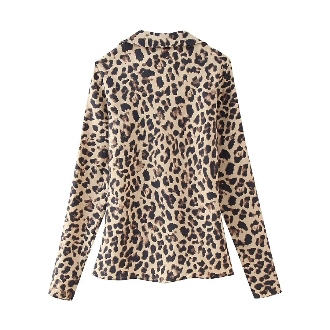 Summer Women Clothing Bowknot Decoration Animal Print Long Sleeve Shirt