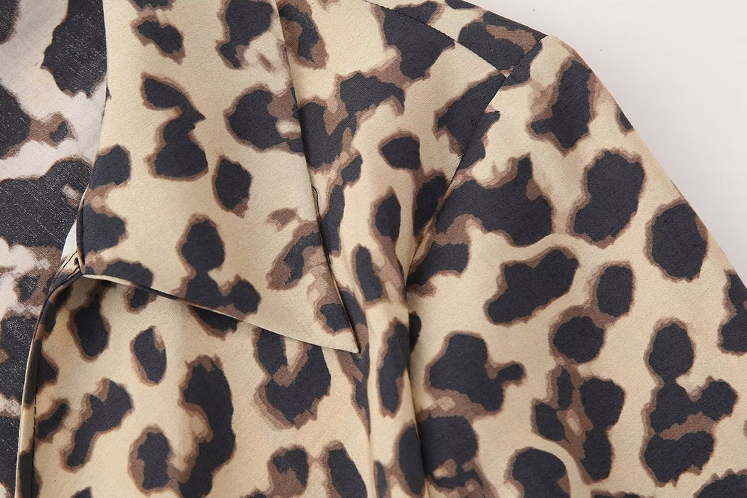 Summer Women Clothing Bowknot Decoration Animal Print Long Sleeve Shirt