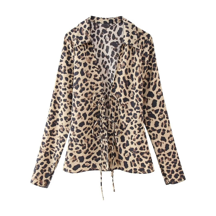 Summer Women Clothing Bowknot Decoration Animal Print Long Sleeve Shirt