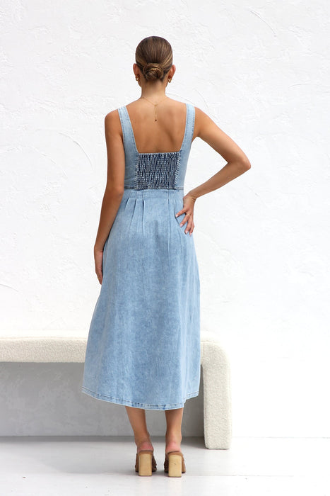 Ladies Summer Dress Fresh Water Blue Denim Buckle Strap Midi Dress