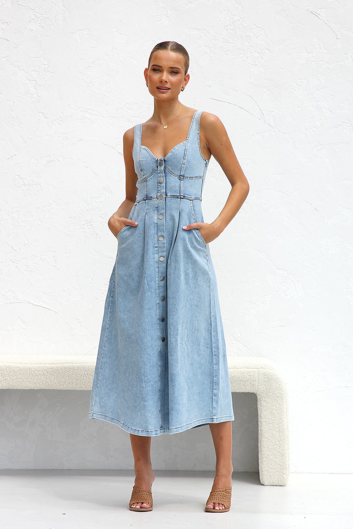 Ladies Summer Dress Fresh Water Blue Denim Buckle Strap Midi Dress