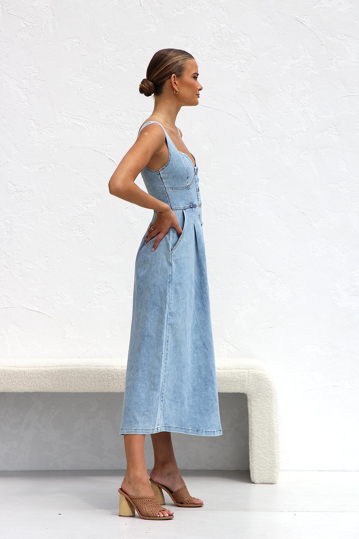 Ladies Summer Dress Fresh Water Blue Denim Buckle Strap Midi Dress