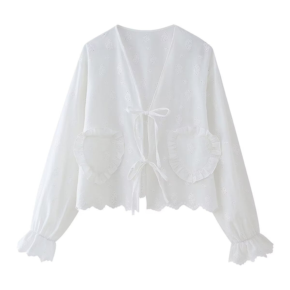 Spring Women Hollow Out Cutout out Embroidery Tie Neck Shirt Long Sleeve Top