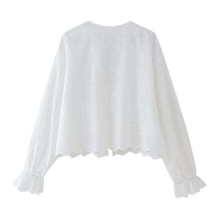 Spring Women Hollow Out Cutout out Embroidery Tie Neck Shirt Long Sleeve Top