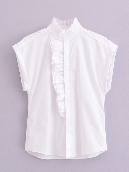 Women Solid Color Pleated Poplin Sleeveless Shirt