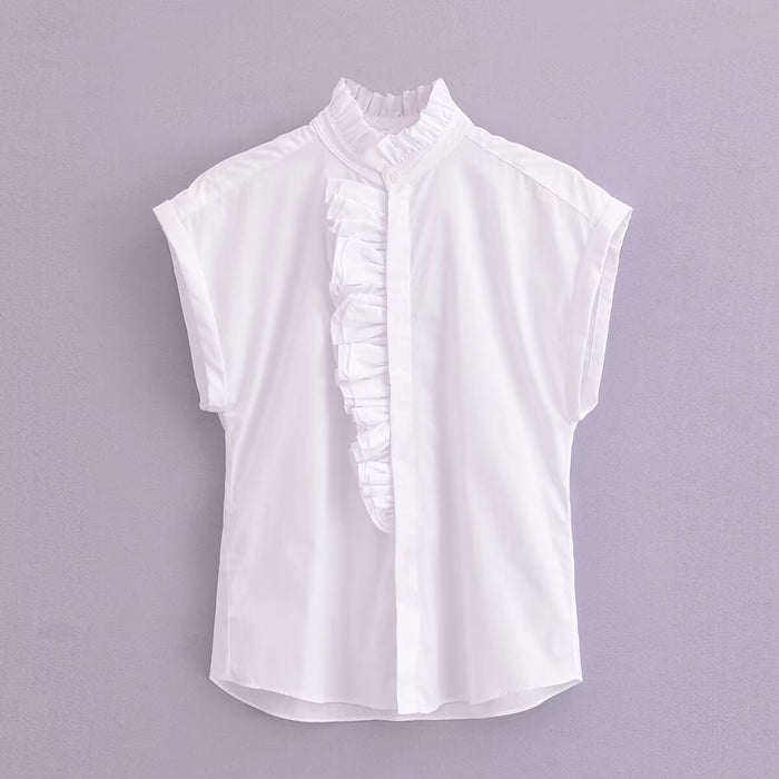 Women Solid Color Pleated Poplin Sleeveless Shirt