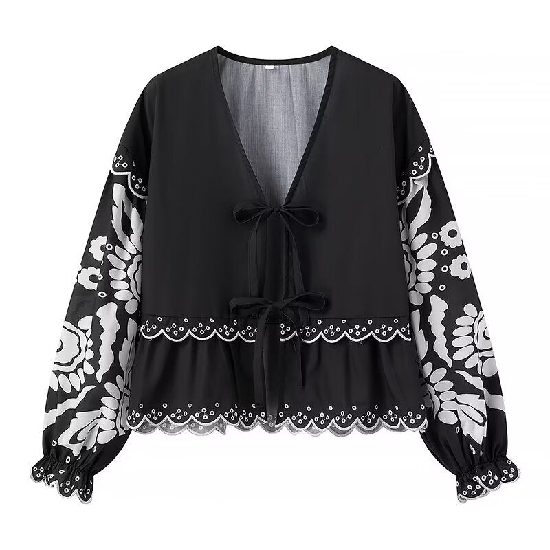 Lace Embroidered Long Sleeved Shirt V Neck Lace Up Loose Personality Hollow Out Cutout Out Cardigan