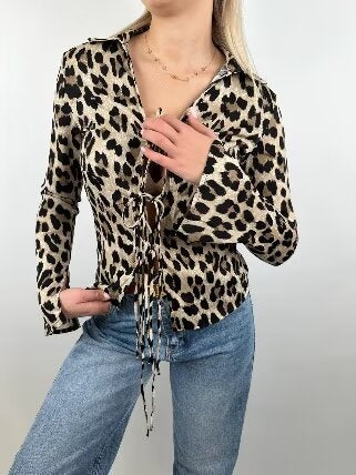 Leopard Print Slim Fit Personality Women Shirt Spring Summer Collared Long Sleeve Top Women