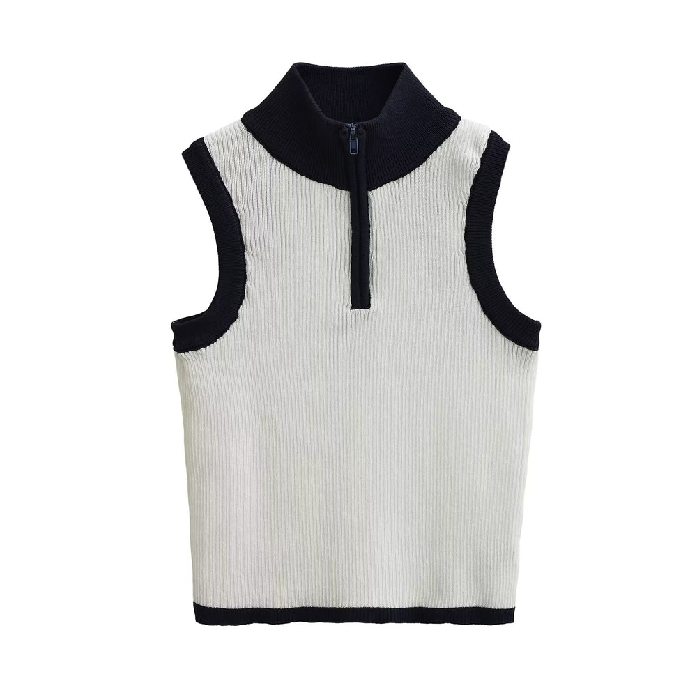Summer Women Clothing Sexy Slim Fit Contrast Colors Half Zipper Decorations Short Knitted Vest