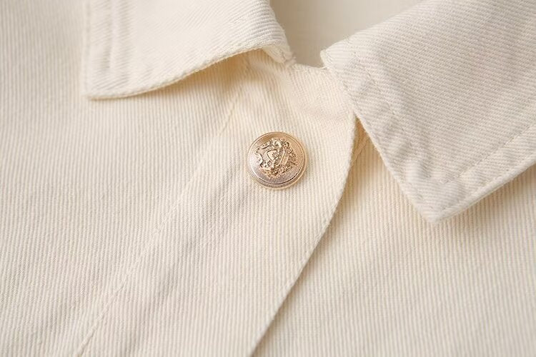 Summer Women Clothing Large Pocket Decorative Gold Button Cotton Loose Shirt Top