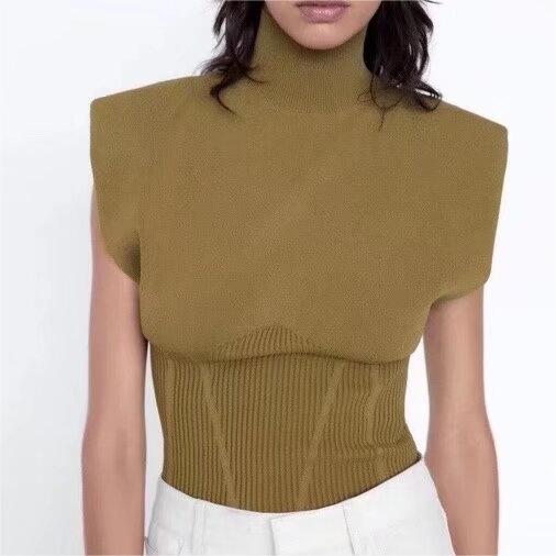 Summer With Padded Shoulder Women Turtleneck Sleeveless Skinny Knitted Top