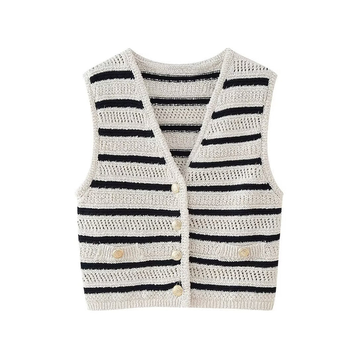 Women Clothing Spring Simple Striped V Neck Knitted Vest Women