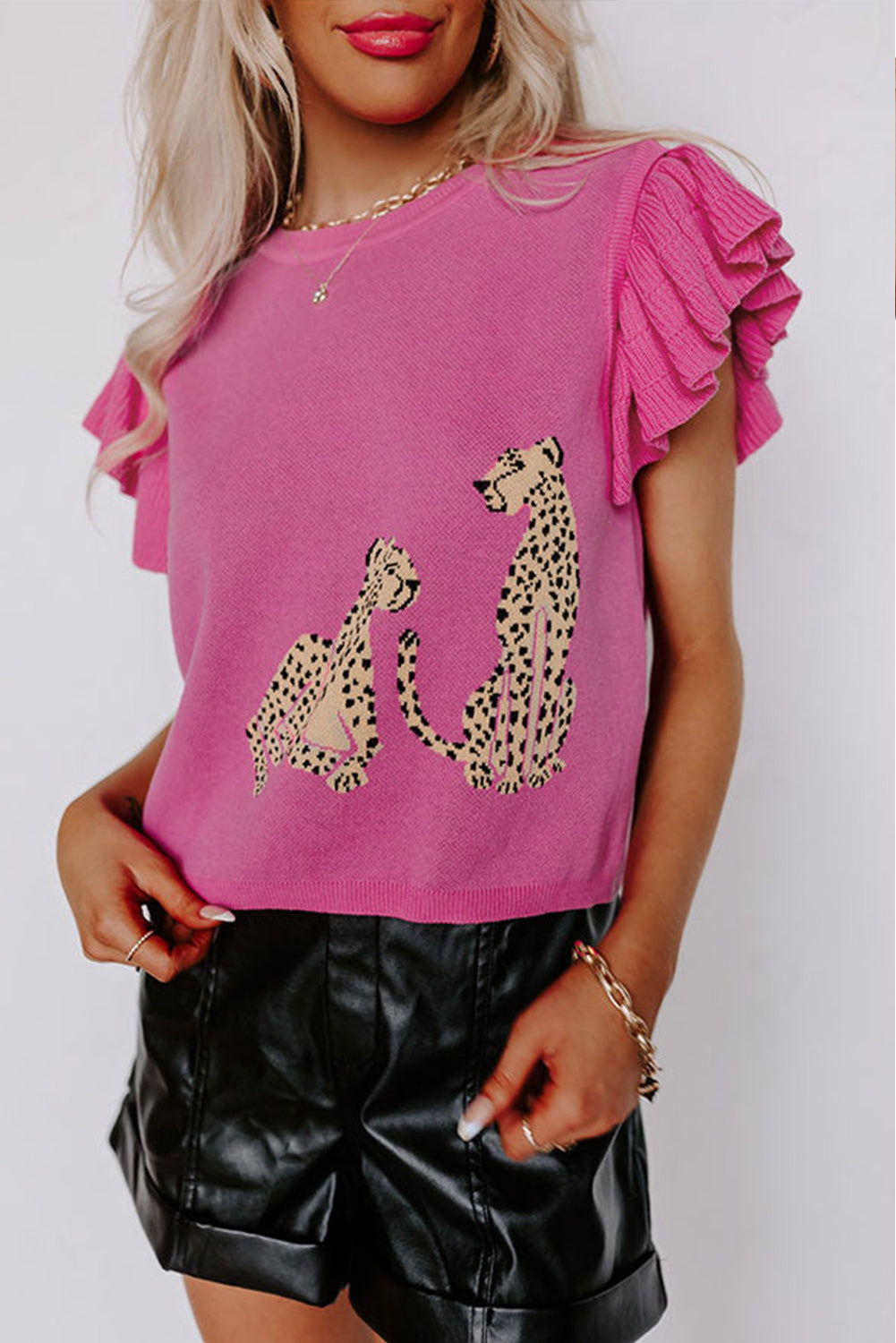 Leopard Pattern Woolen Vest Women Summer Women Clothing Simple Ruffle Sleeve Knitted Top