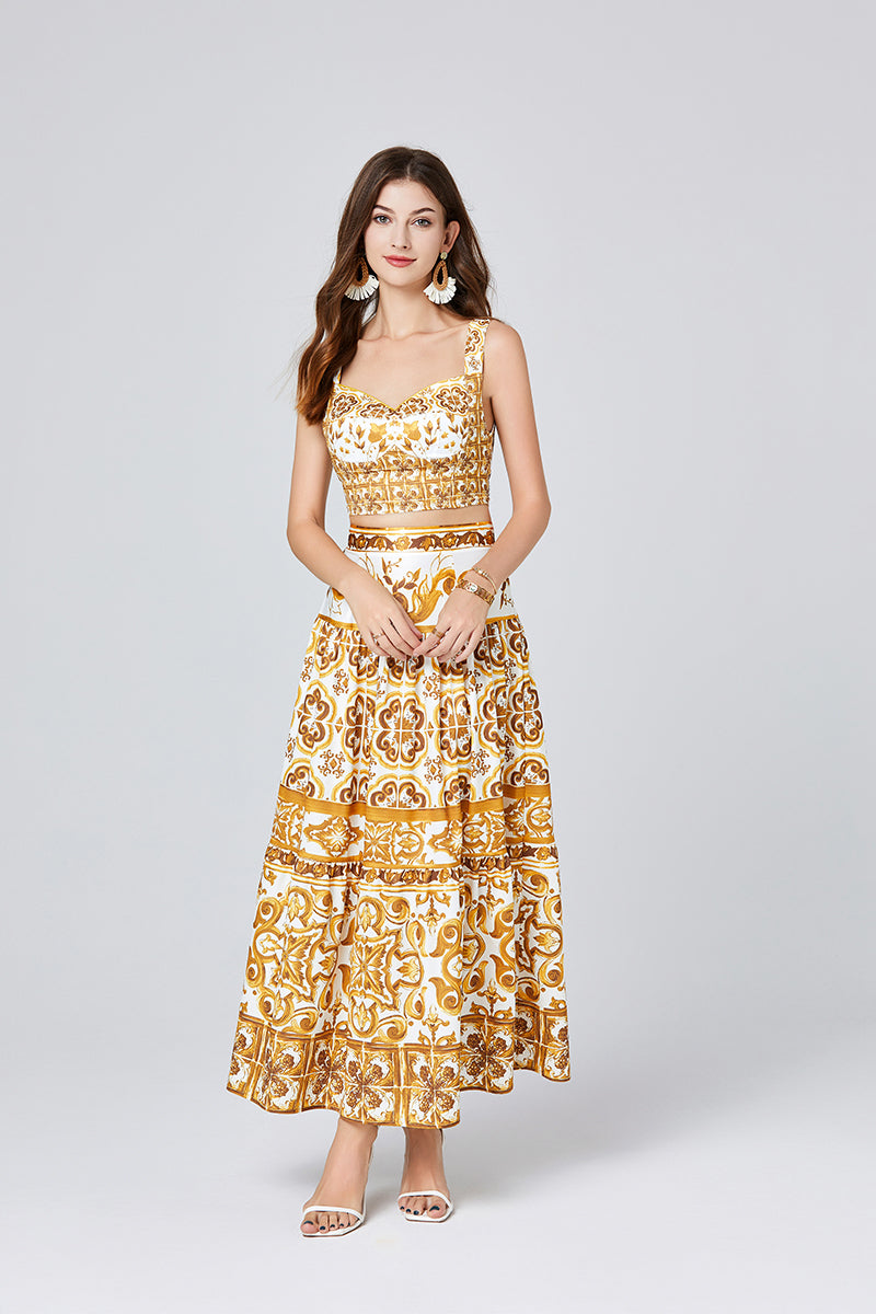 Printed Stitching Contrast Color Three Dimensional Strapless Skirt With Strap Two Piece Set With Chest Pad