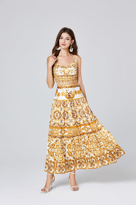 Printed Stitching Contrast Color Three Dimensional Strapless Skirt With Strap Two Piece Set With Chest Pad