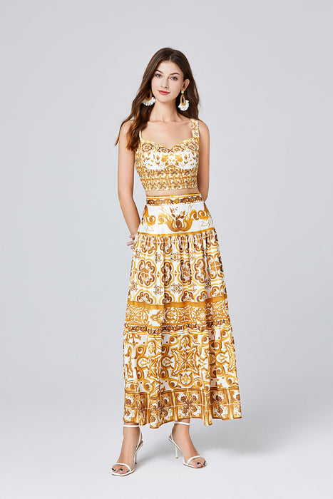 Printed Stitching Contrast Color Three Dimensional Strapless Skirt With Strap Two Piece Set With Chest Pad