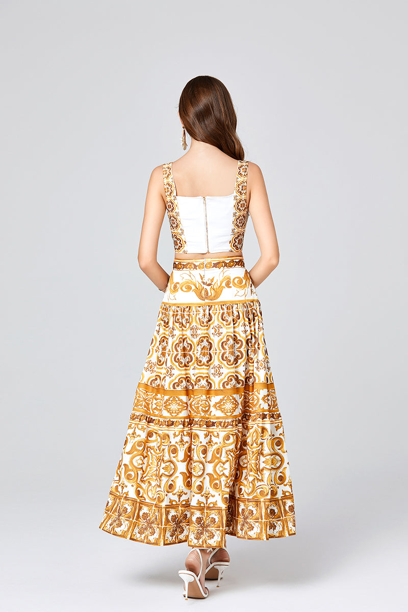 Printed Stitching Contrast Color Three Dimensional Strapless Skirt With Strap Two Piece Set With Chest Pad