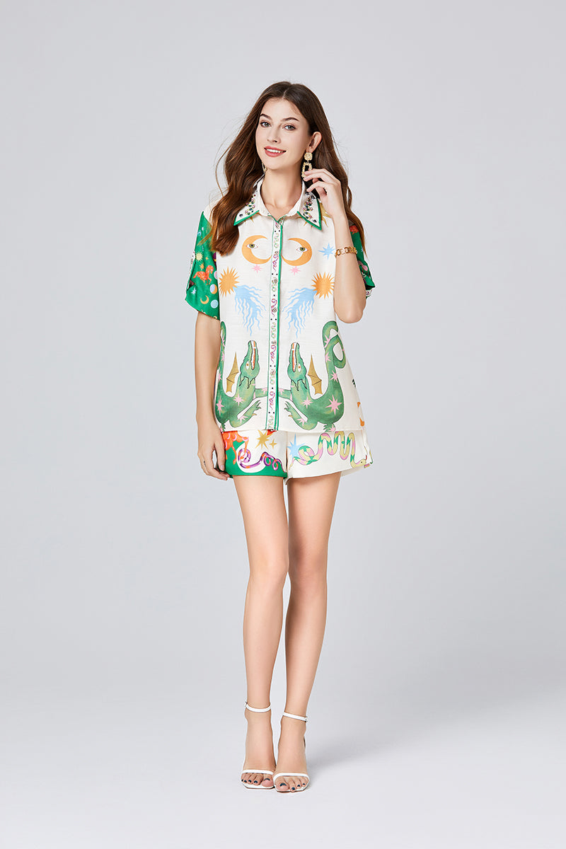 Summer Printed Heavy Duty Beaded Shirt Rubber Waist Shorts Two Piece Set Amplified craft