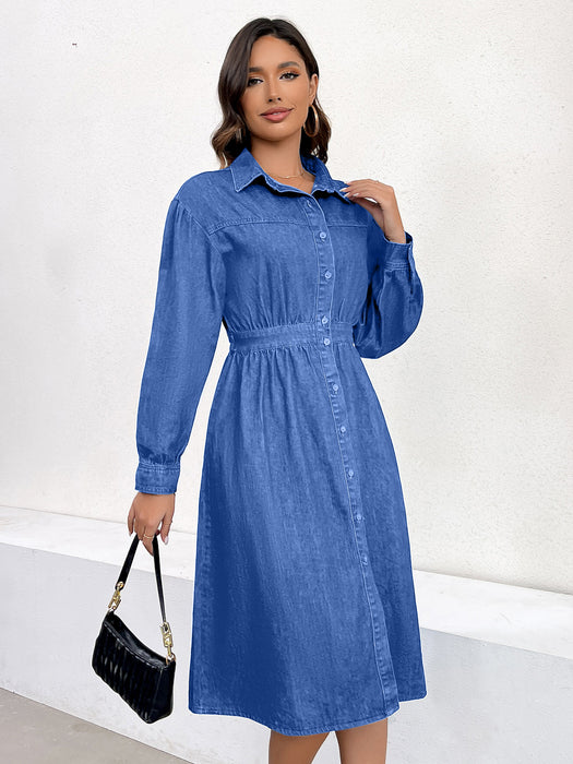 Spring Denim Dress Front Single Breasted V Neck Tight Waist Slimming Denim Dress Women