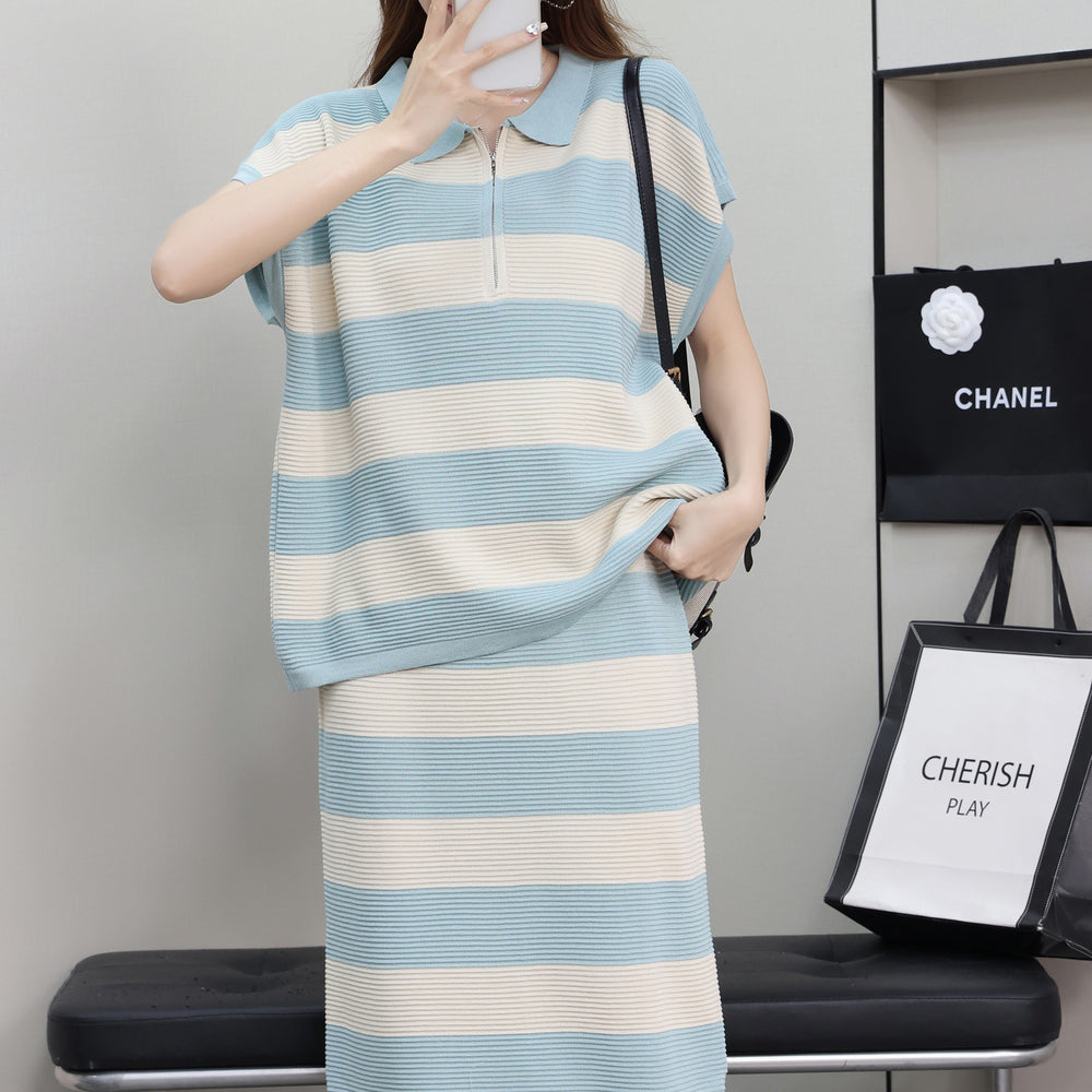 Casual Age Reducing Suit Women Loose All Match Polo Collar Color Striped Sweater Skirt Women Two Piece Set