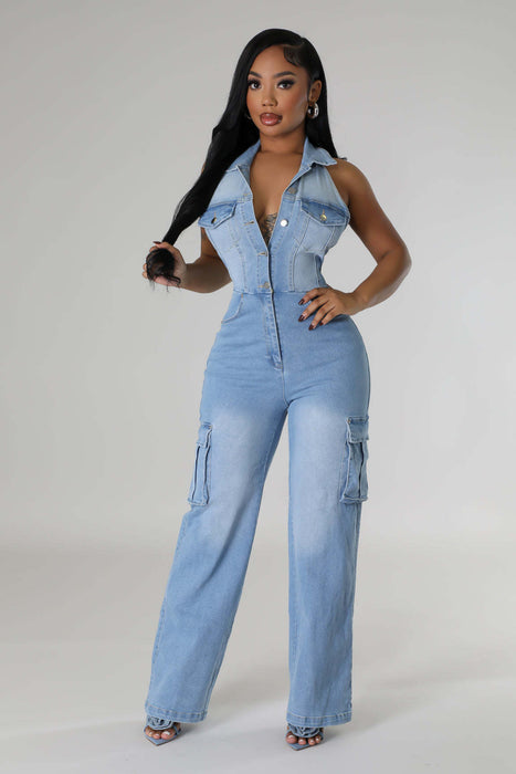 Tight Waist Slim Elastic Washing Denim Jumpsuit Straight Loose Jumpsuit