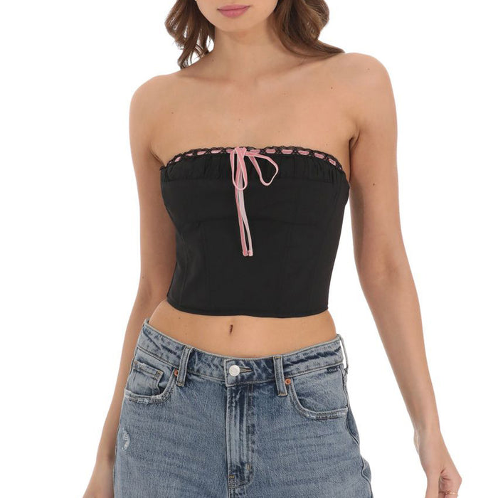 Women Clothing Tube Top Sexy Bow Lace up Cropped Short T shirt Small Shirt