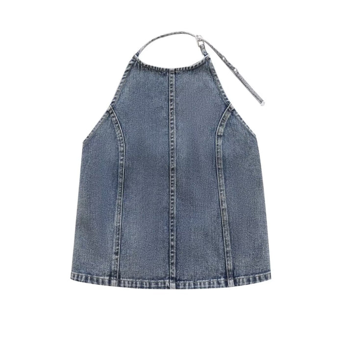 Summer Street Backless Denim Hanging Collar Top