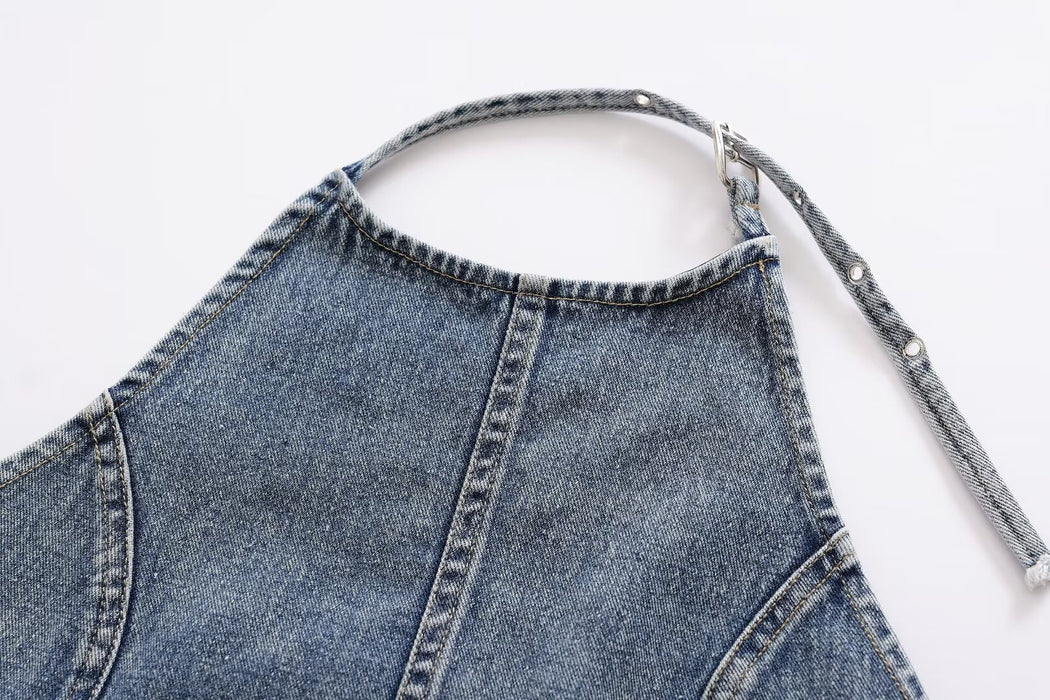 Summer Street Backless Denim Hanging Collar Top