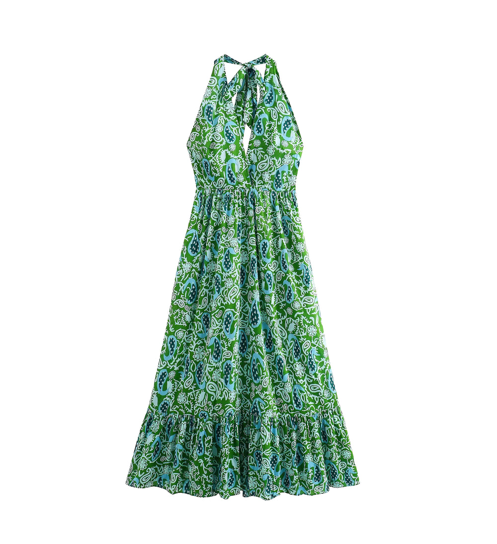Summer Women Clothing Casual Simple Printing Hanging Collar Dress