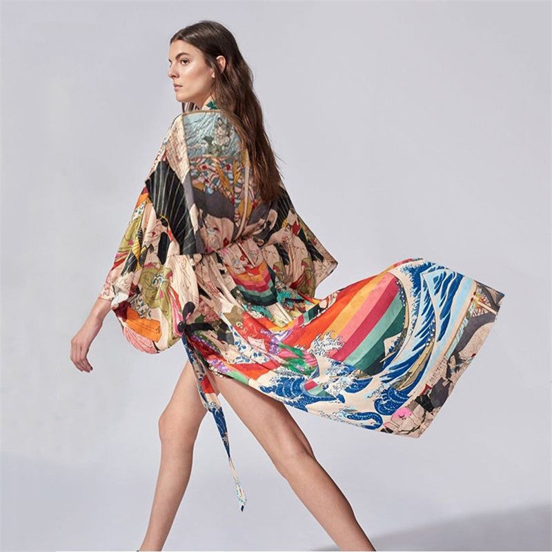 Kimono Quick-Drying Polyester Japanese Print Beach Cover up Vacation Cardigan Beach Cover Up Sun Protection Shirt