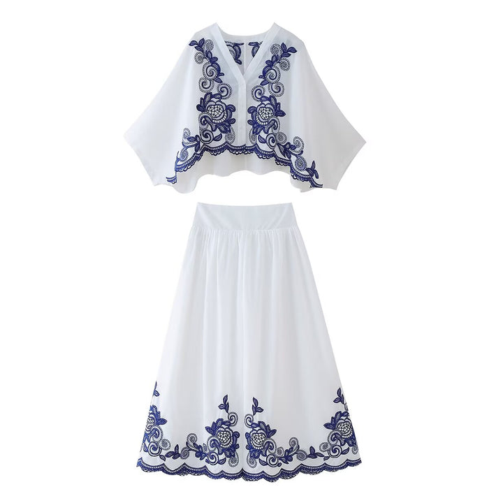 Women Clothing Autumn Contrast Color Embroidered Shirt High Waist A line Skirt Set