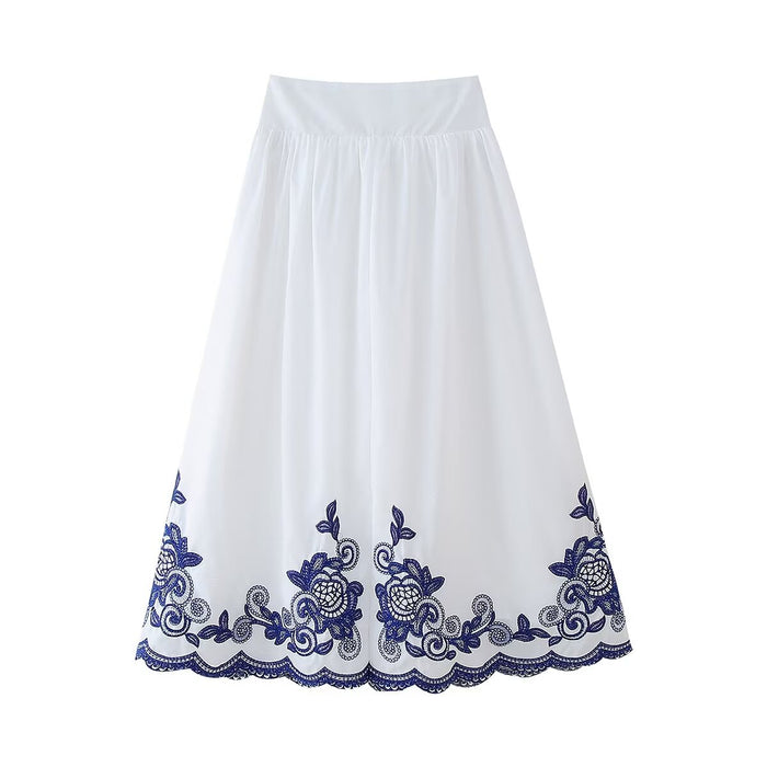 Women Clothing Autumn Contrast Color Embroidered Shirt High Waist A line Skirt Set