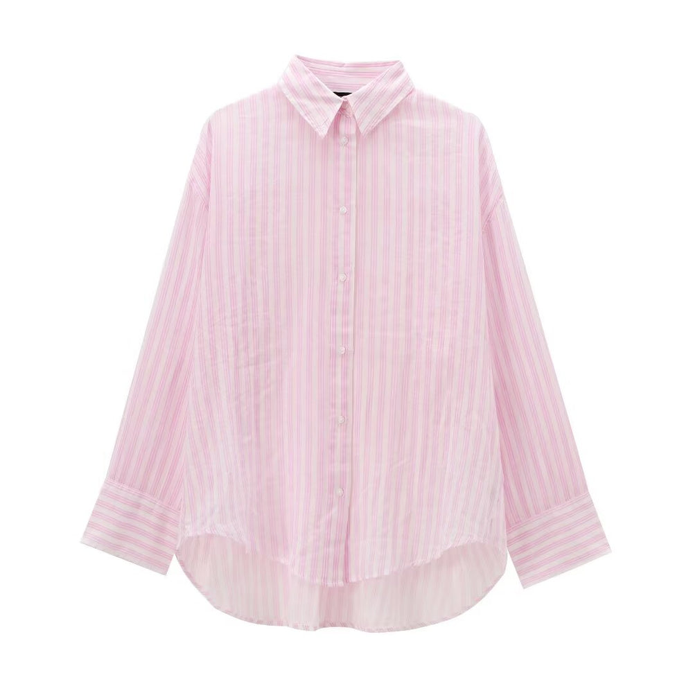 Women Striped Collared Loose Long Sleeve Casual Shirt
