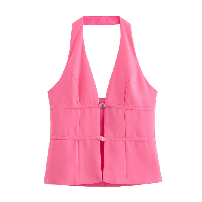 Pink Sleeveless Halter Button Sexy Slim Fit Backless Vest