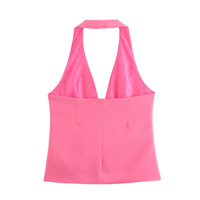 Pink Sleeveless Halter Button Sexy Slim Fit Backless Vest