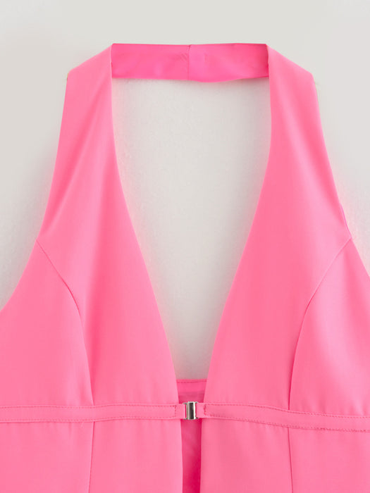 Pink Sleeveless Halter Button Sexy Slim Fit Backless Vest