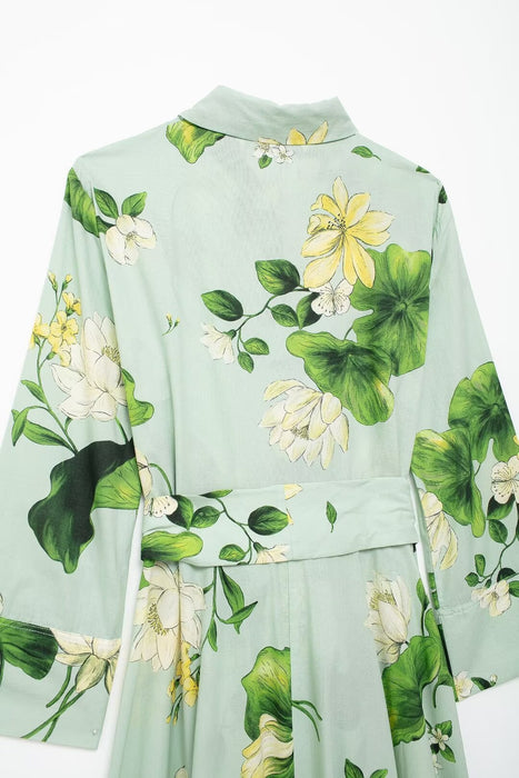 Women Clothing Casual Retro Floral Printed Shirt Dress