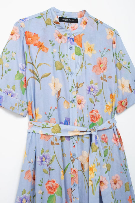 Women Clothing Floral Print Poplin Shirt With Belt Elegant Dress