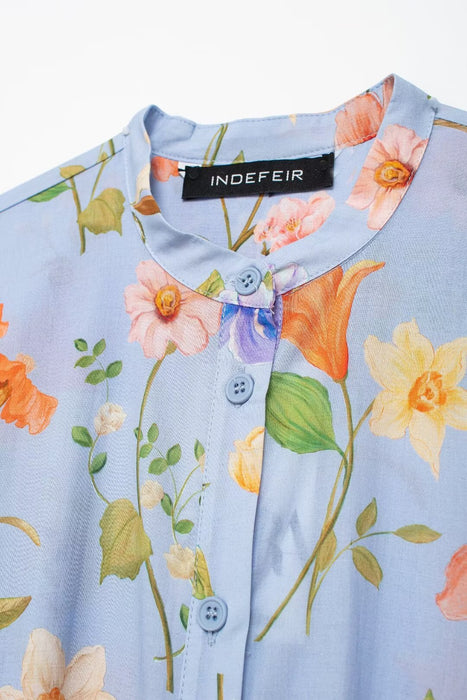 Women Clothing Floral Print Poplin Shirt With Belt Elegant Dress